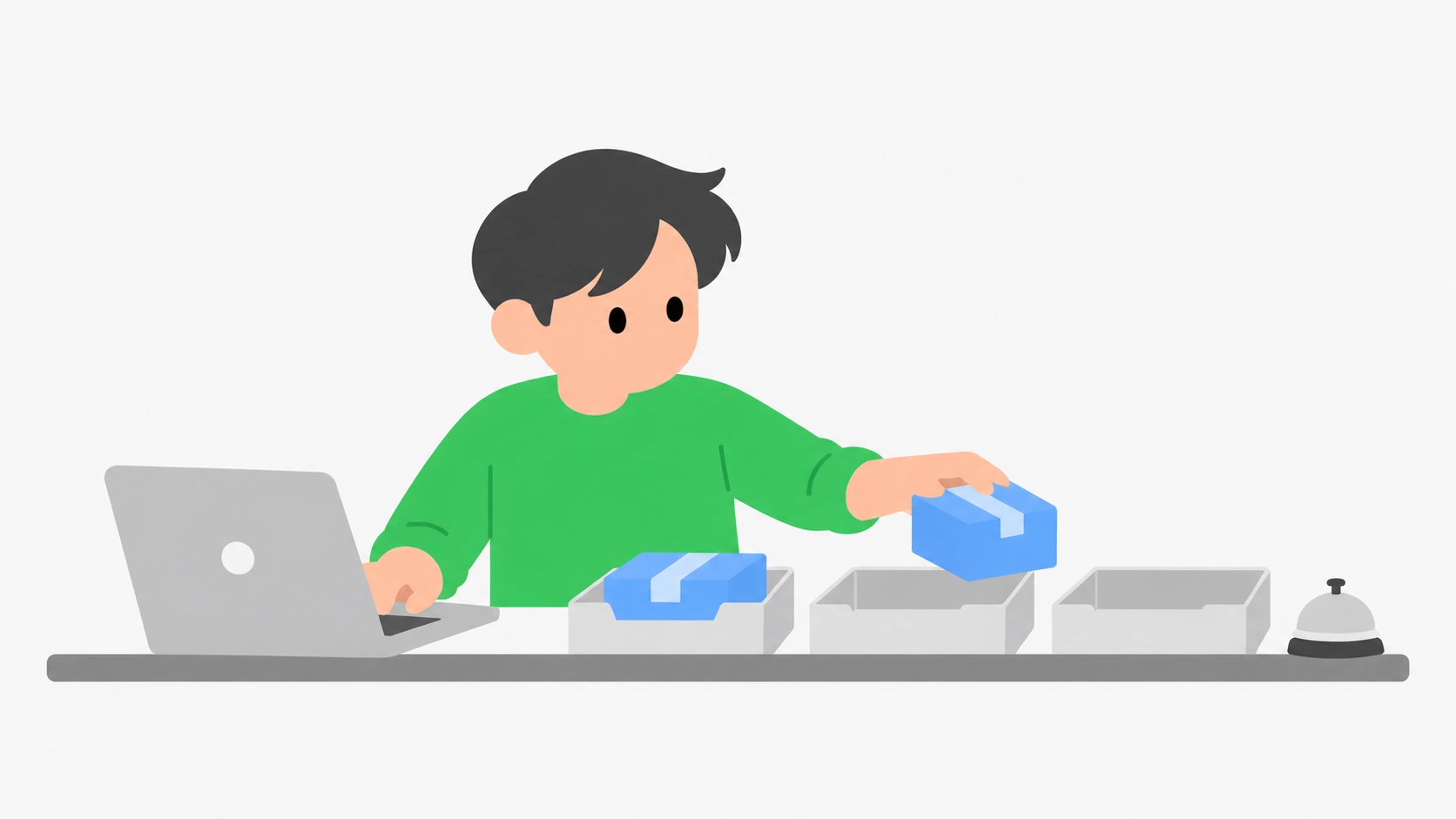 개발자가 노트북을 사용하는 동시에 상자를 다음 칸으로 옮기고 마지막 칸 옆에 알림 벨이 놓인 수동 작업의 개념 삽화