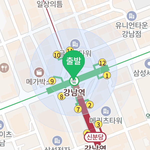 출발지 주변에 원형 탐색 범위가 퍼지는 배차 대기 지도 애니메이션
