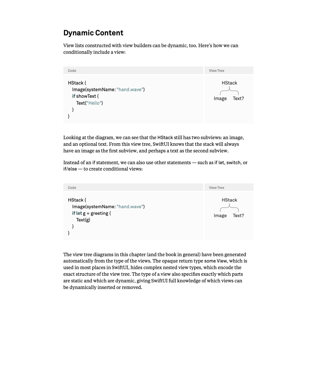원문 14쪽: if와 if let으로 구성한 optional Text의 view tree