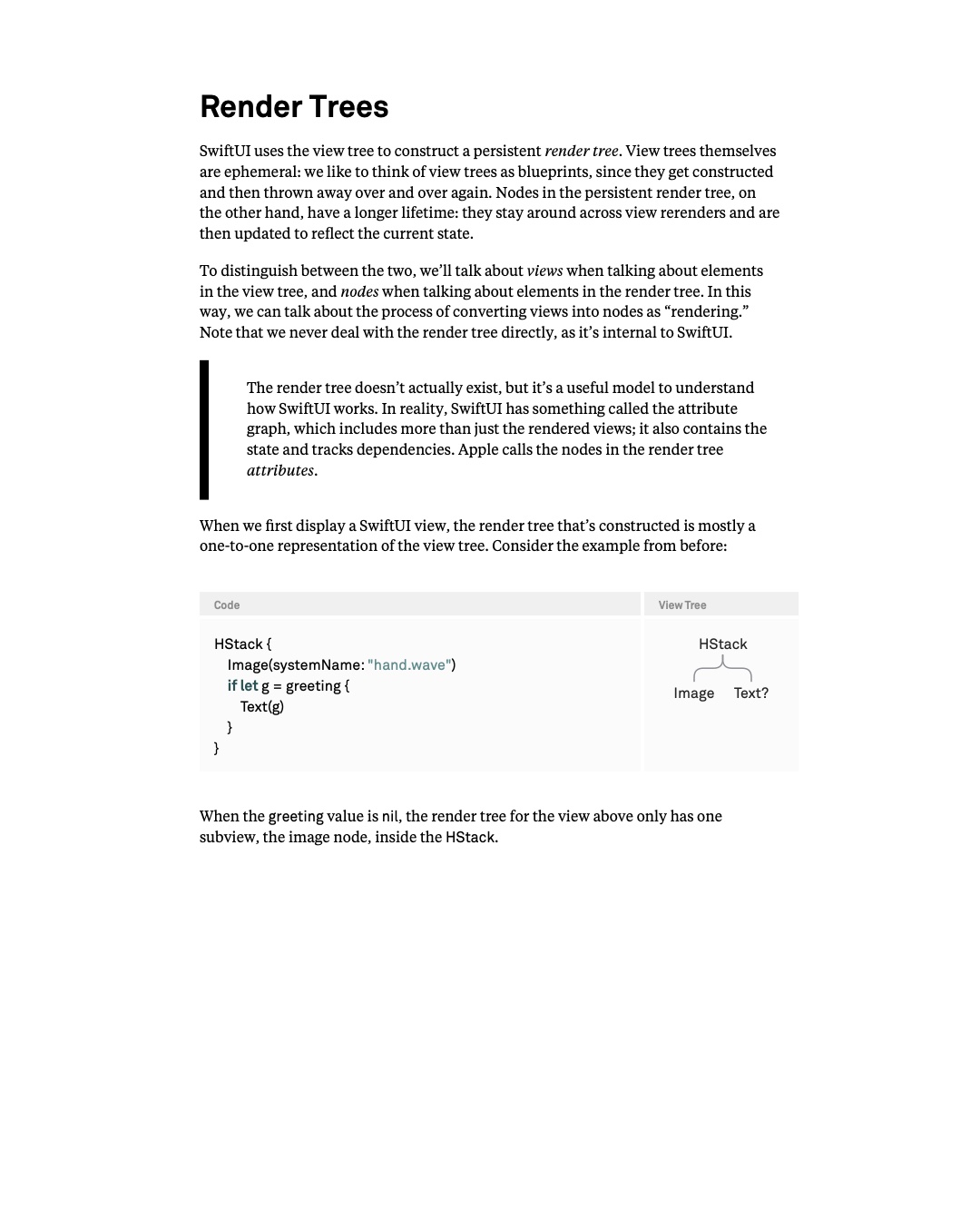 원문 15쪽: 지속되는 render tree의 개념과 optional Text 예제