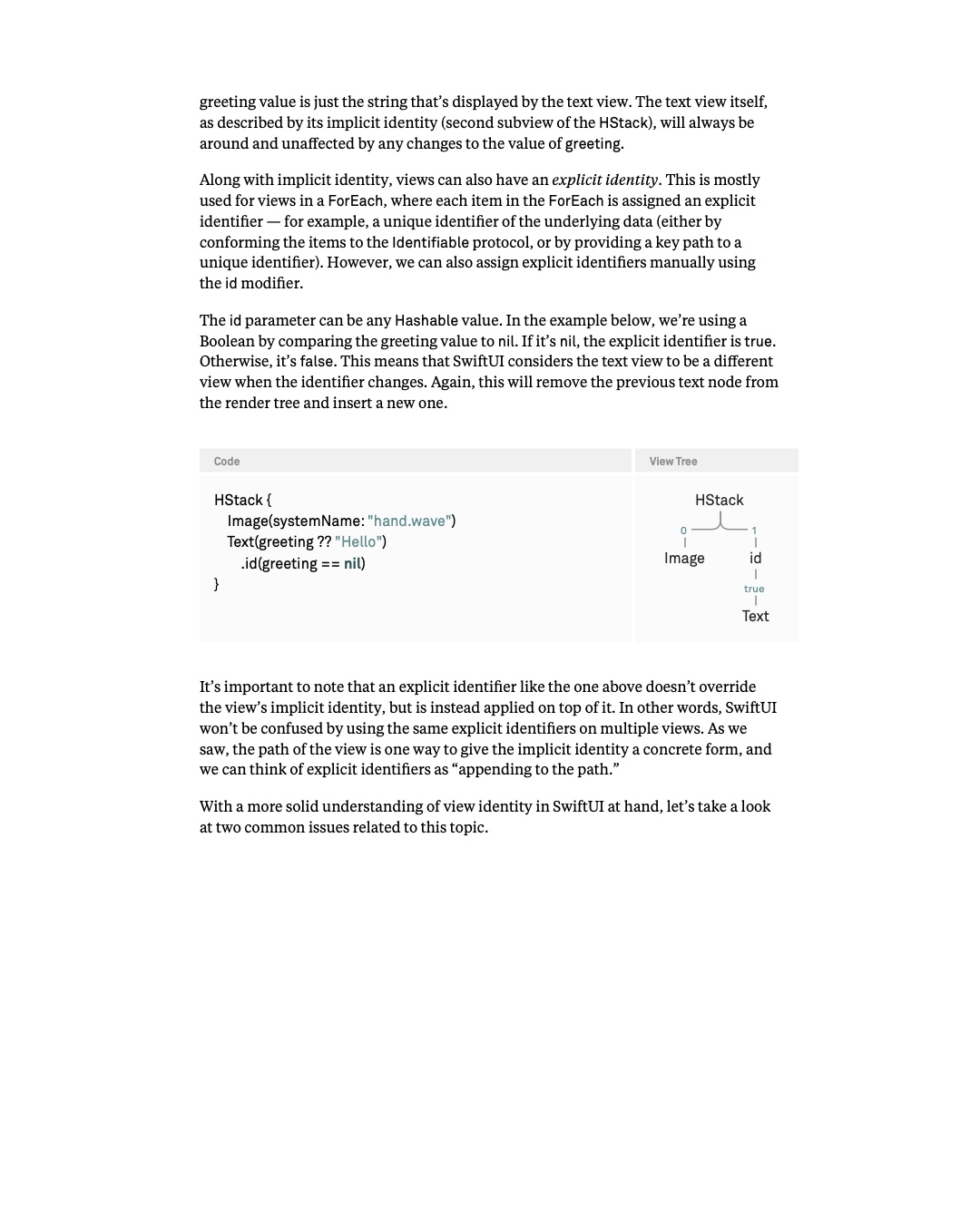 원문 19쪽: id modifier로 추가하는 explicit identity의 view tree