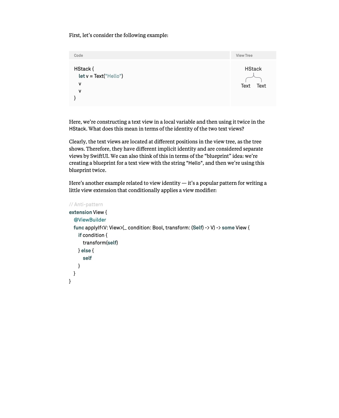 원문 20쪽: 같은 Text 값을 두 번 사용하는 view tree와 applyIf 코드
