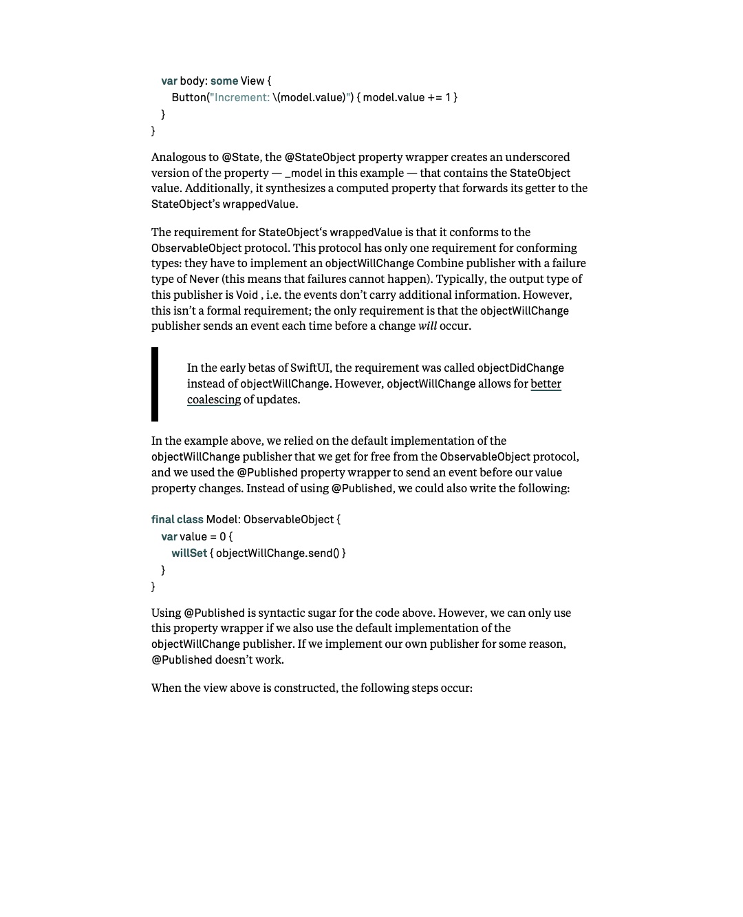 원문 40쪽: StateObject 전개와 objectWillChange publisher