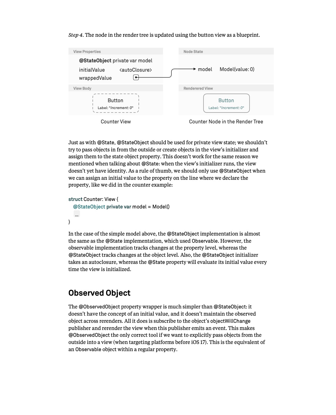 원문 42쪽: StateObject 렌더링 완료 도표와 ObservedObject 비교
