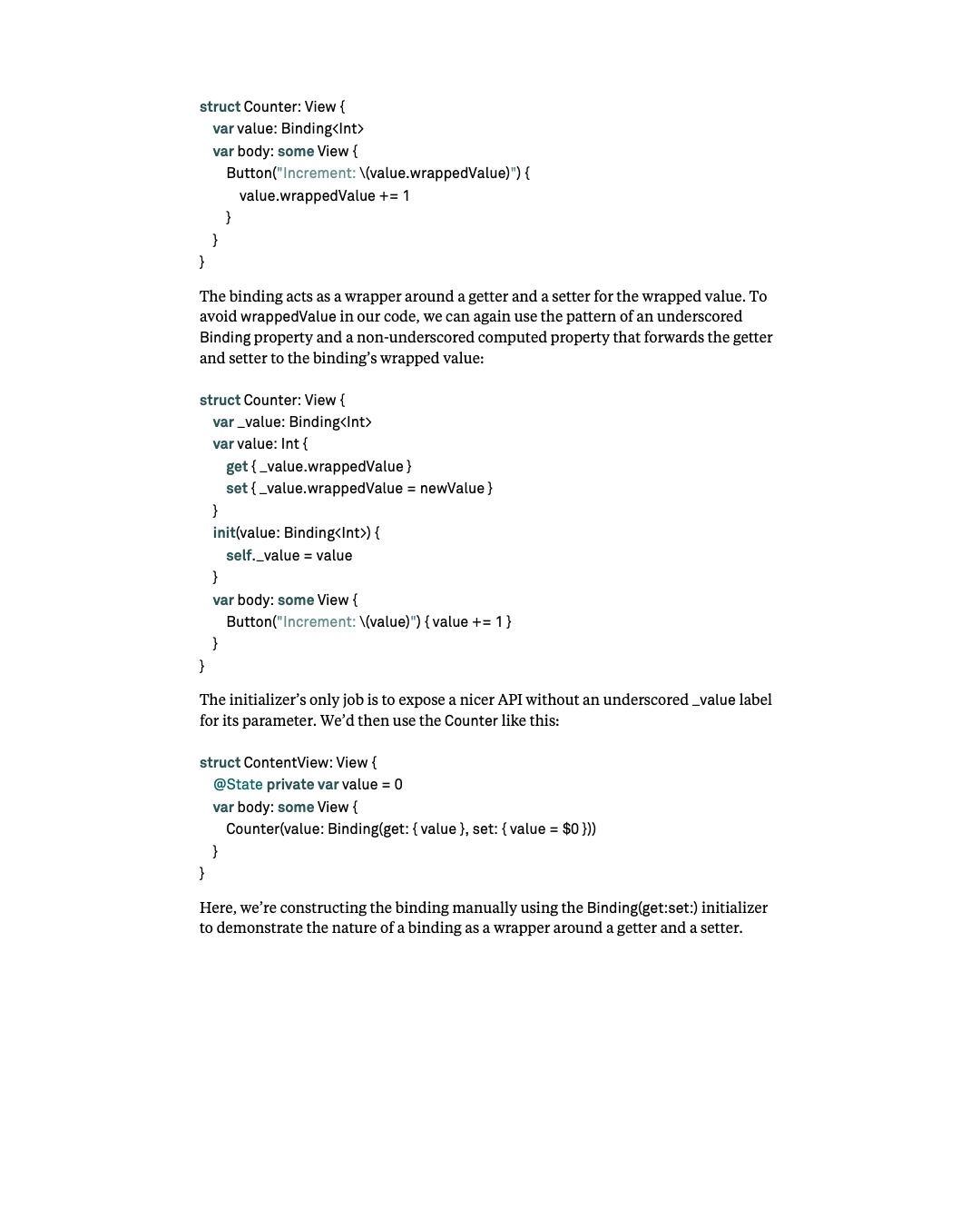 원문 49쪽: Binding type과 wrappedValue 및 수동 Binding 구성