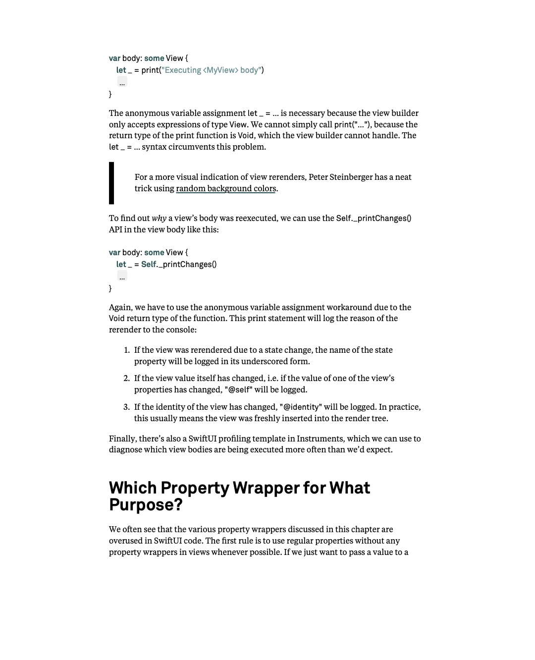 원문 54쪽: printChanges 진단과 property wrapper 선택 기준