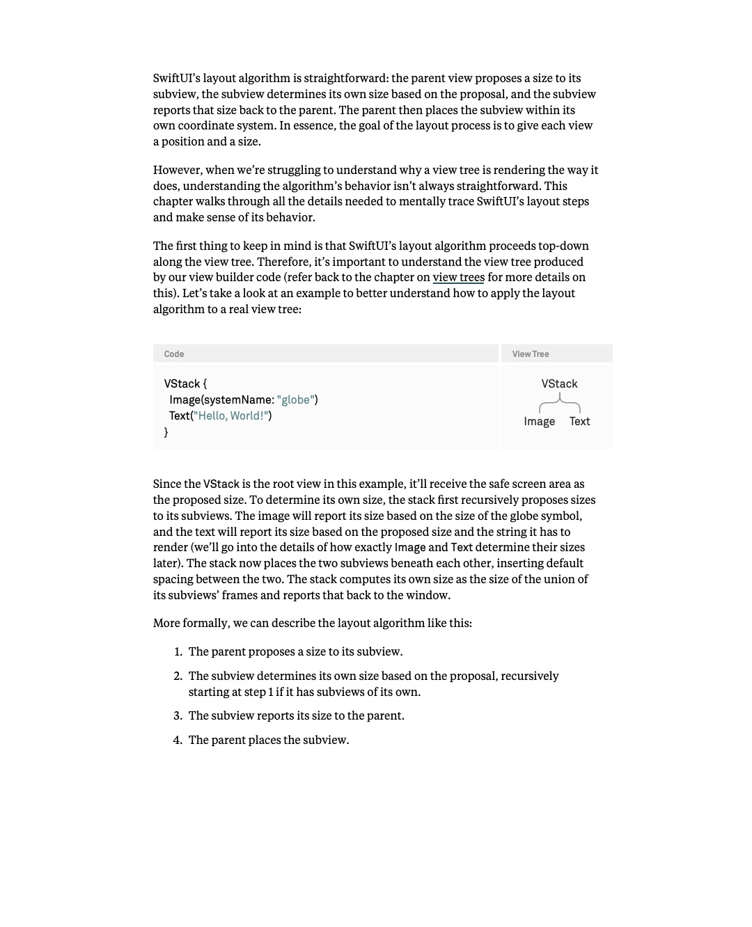 원문 57쪽: VStack 예제의 코드와 view tree