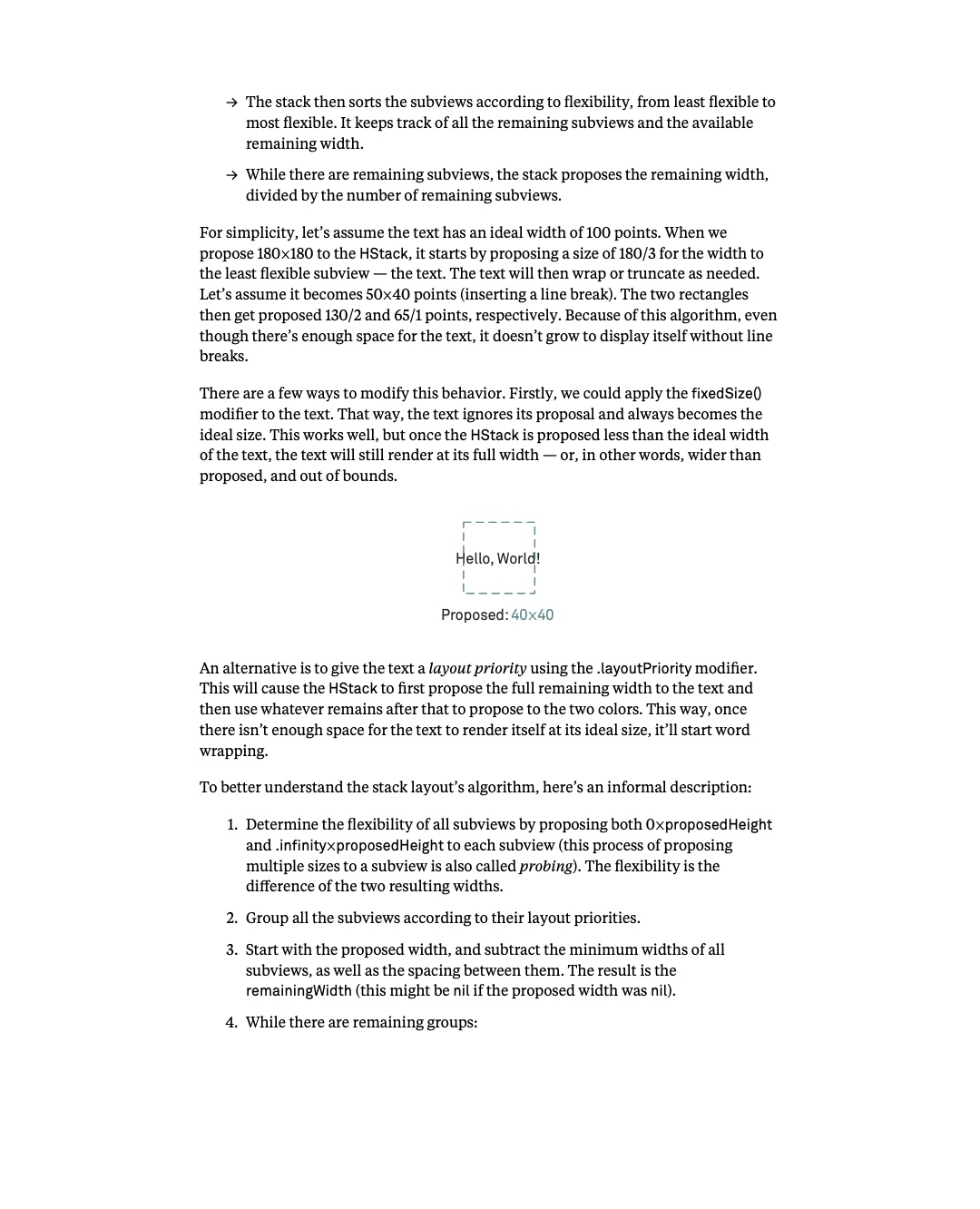 원문 75쪽: HStack의 flexibility, fixedSize와 layoutPriority