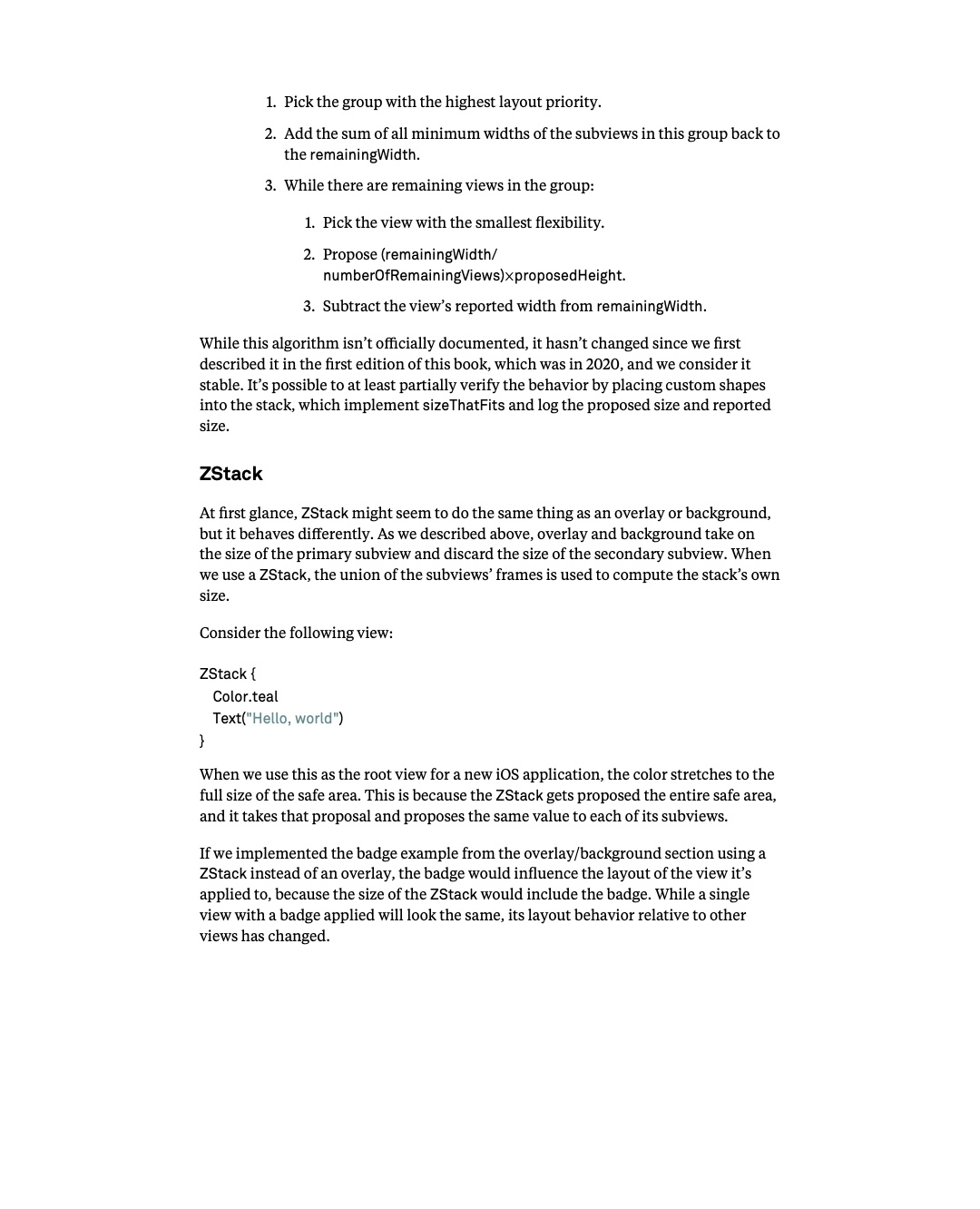 원문 76쪽: HStack layout algorithm의 나머지 단계와 ZStack