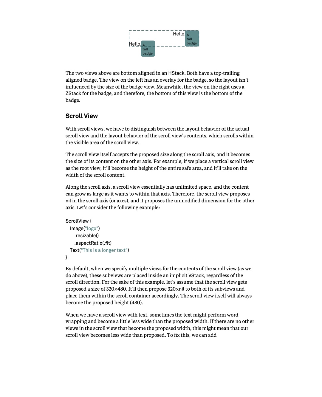 원문 77쪽: Badge의 overlay와 ZStack 비교 및 Scroll view의 크기