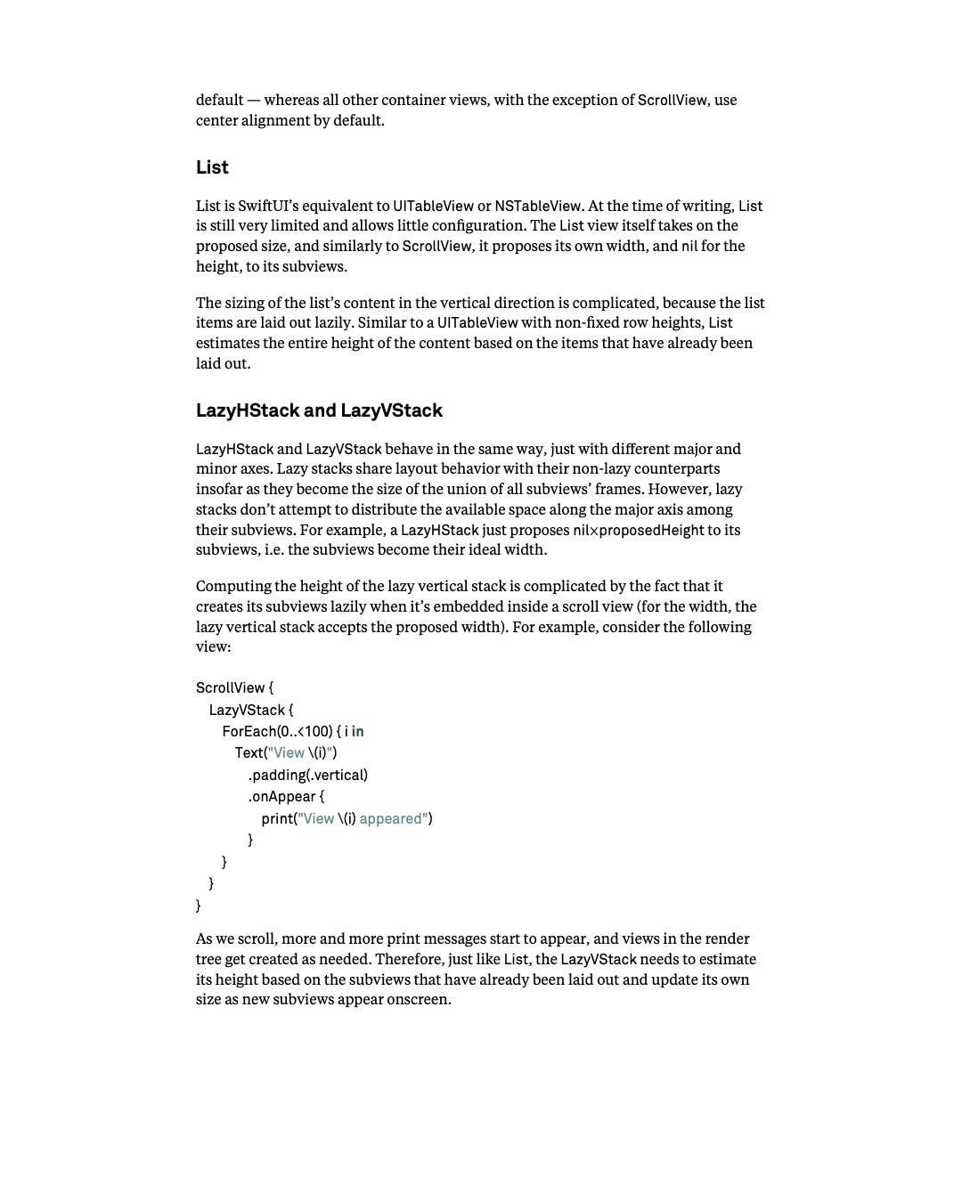 원문 79쪽: List와 LazyHStack, LazyVStack의 layout