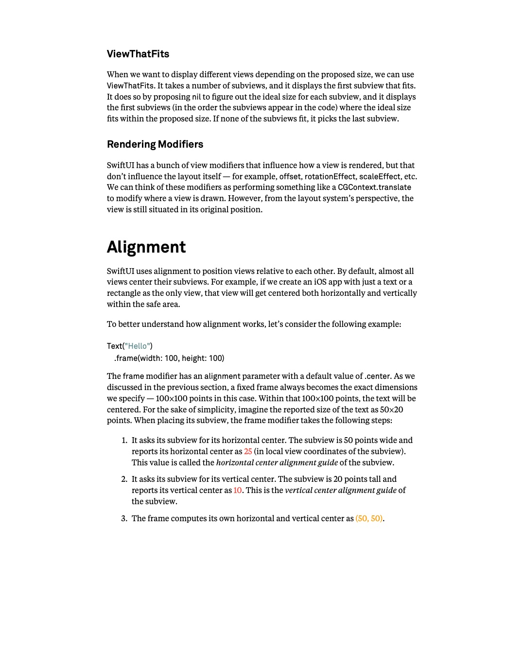 원문 82쪽: ViewThatFits, Rendering modifier와 center alignment