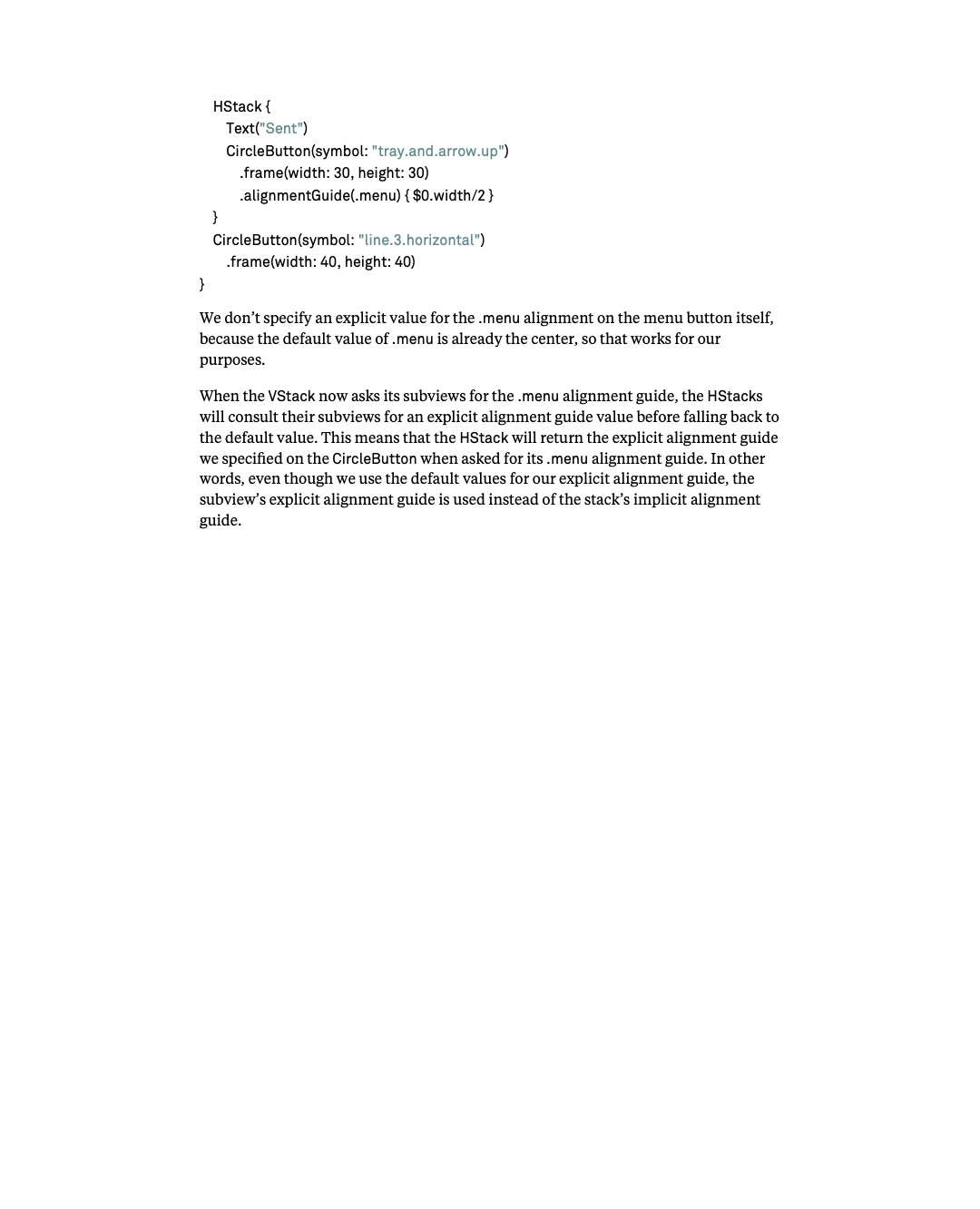 원문 90쪽: Menu의 custom alignment 적용과 guide의 전파