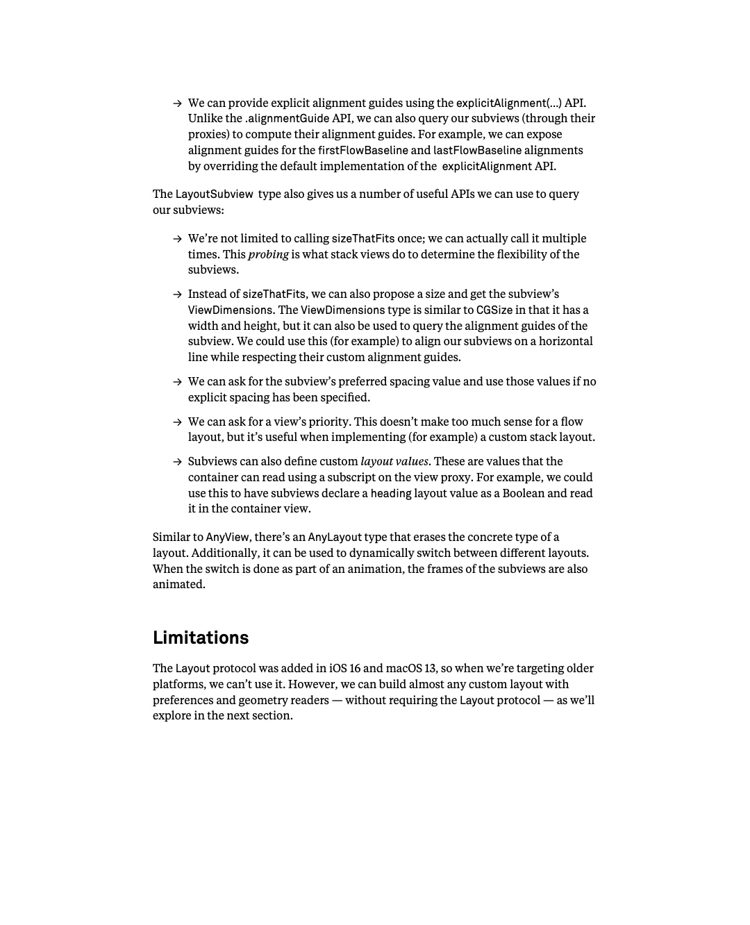원문 136쪽: LayoutSubview API와 AnyLayout, Layout protocol의 한계