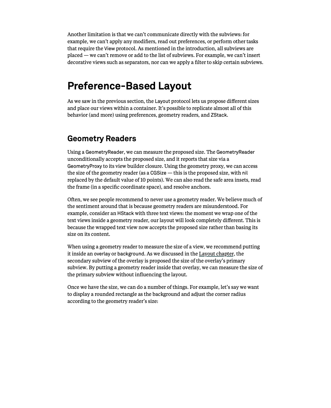 원문 137쪽: Preference 기반 layout과 GeometryReader의 측정 방식