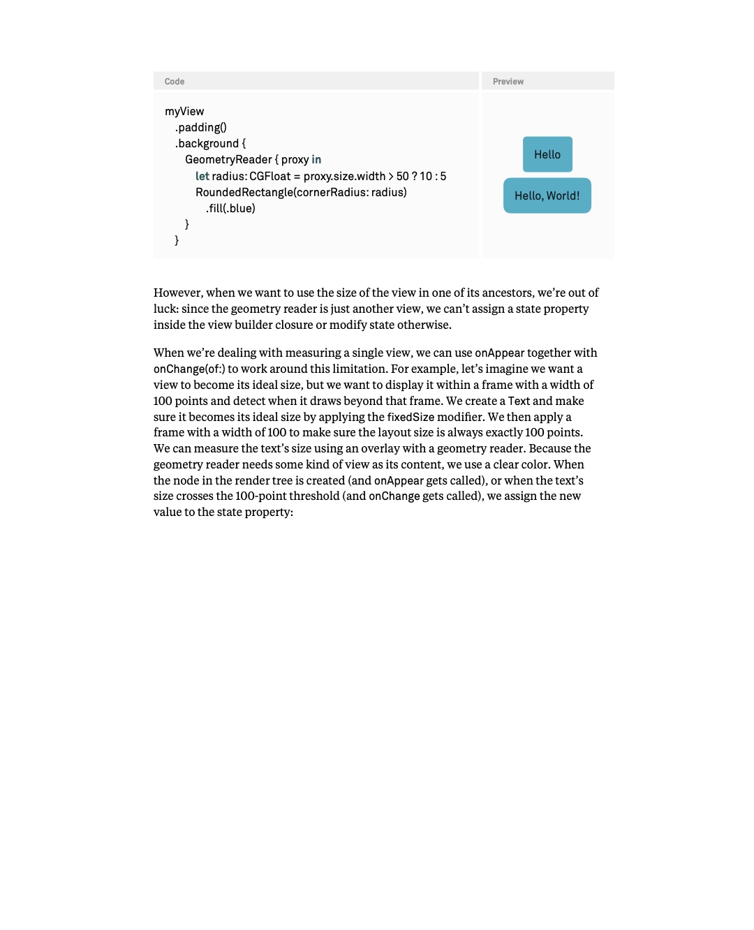 원문 138쪽: 크기에 따른 corner radius와 View 크기 측정