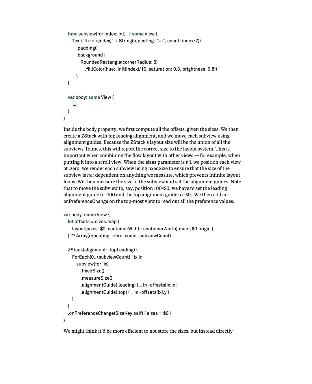 원문 143쪽: ZStackFlowLayout의 subview와 alignment guide 배치