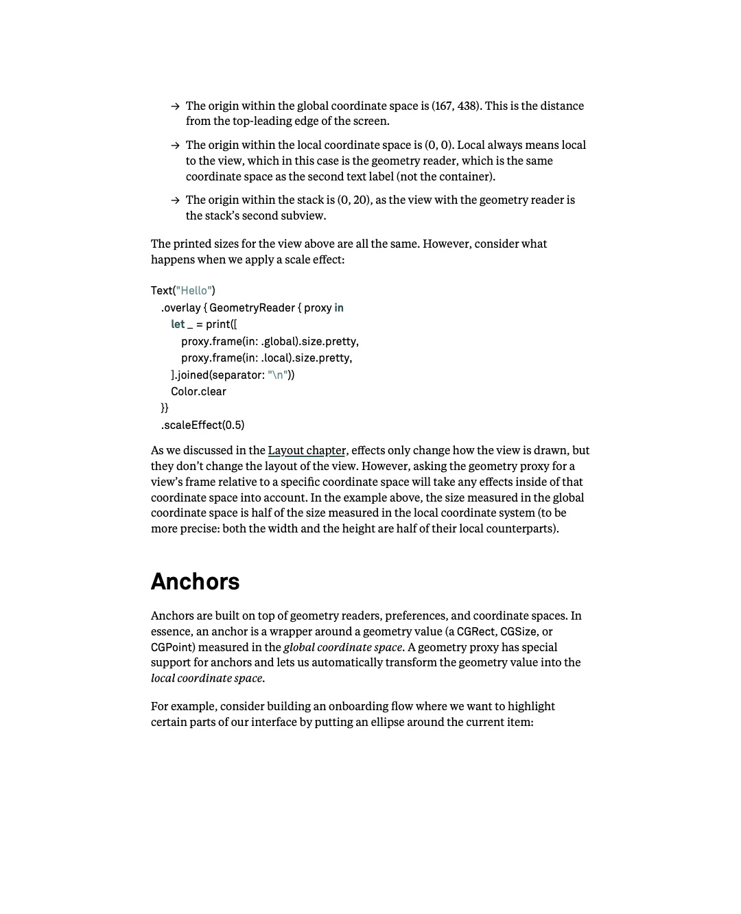 원문 146쪽: Coordinate space별 geometry 측정과 anchor의 개념