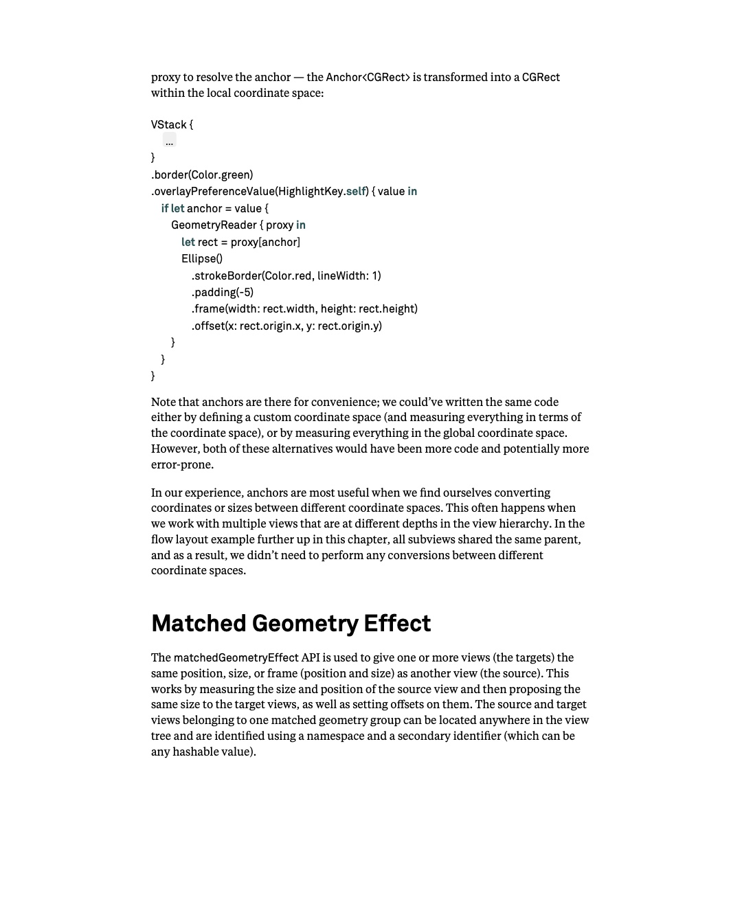 원문 148쪽: Anchor를 local coordinate space로 변환하는 overlay와 matched geometry effect